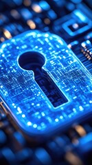 A blue, tech-like padlock design with abstract shapes. Blue glow emits over a dark background