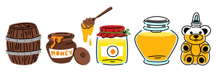 Containers with honey in various forms. A flat illustration for storing honey. Jar, vessel, barrel, pottery is closed, open. Honey theme. Vector illustration in the form of color isolated illustration