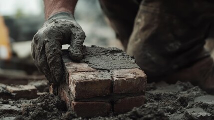 Bricklayer laying a layer of bricks on a foundation. Featuring skill and technique