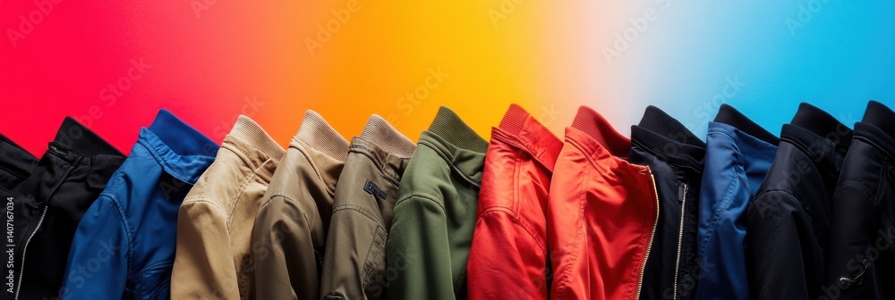 Aufkleber colorful street jackets arranged in neat rows on a vibrant backdrop showcasing modern textures and d