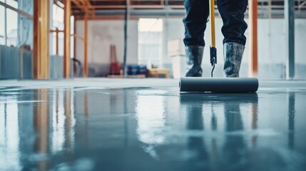 Construction worker sealing concrete floor. Featuring surface finishing and construction precision