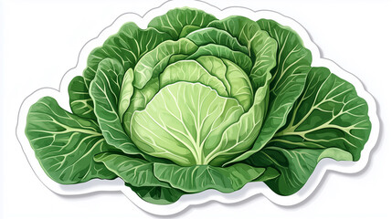 Obraz premium Napa Cabbage Sticker, Large Light Green Cabbage with Crinkled Leaves and Crisp White Stem, Fresh and Farm-Grown Asian Cuisine Ingredient, White Border, Isolated on White Background, Generated AI 