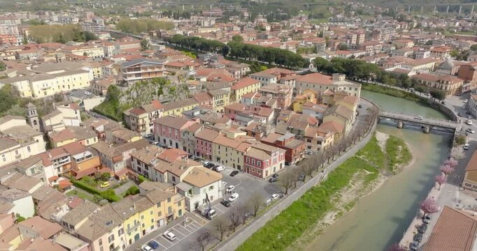 Aerial view of the historic center of Sora, built on the banks of the Liri river. It is a town in Lazio, Italy, in the province of Frosinone.