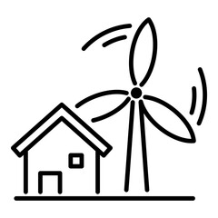Wind energy and house line vector icon. Represents sustainable living, green energy use, eco-conscious home design, residential energy, environmental responsibility, and smart home systems.