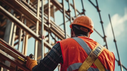 Construction worker securing scaffolding at height. Featuring scaffolding work and safety