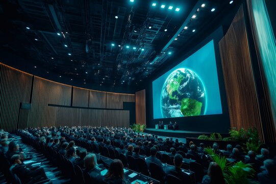 Politicians and businessmen attending a climate change conference in a modern auditorium, focusing on sustainability and global warming