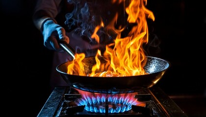 Flambéed food with flames leaping from a pan