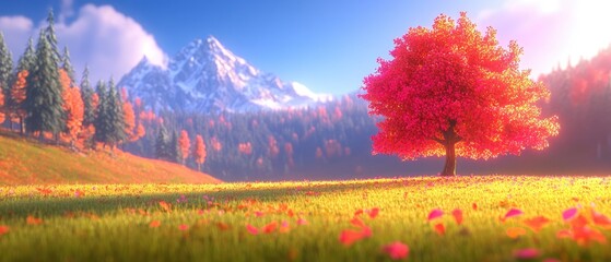 Autumnal meadow with a vibrant tree and snowy mountains