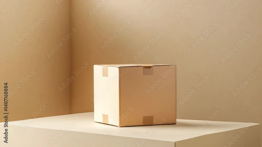 Poster minimalistic background with plain cardboard box on display in soft neutral tones for creative proje