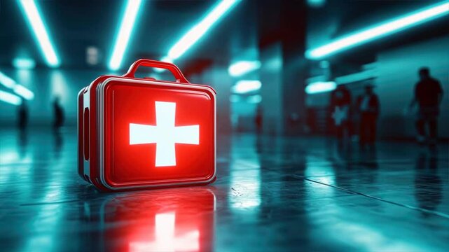 A 3D render of a glowing red first aid kit with a blurred hospital background, highlighting urgent care, medical emergency, and healthcare urgency in medical aid