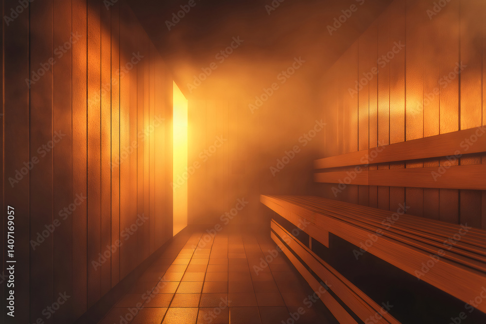 Poster warm light softly illuminating wooden benches and a tiled floor within an empty steam sauna, creatin