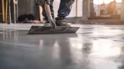 Construction worker smoothing concrete floor. Featuring concrete work and floor finishing