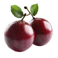 Fresh ripe plums with leaves nutritious fruit delicious food  isolated on transparent  background