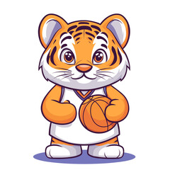 Cool tiger wearing a sports jersey and holding a basketball, dynamic cartoon vector with clean outlines on white background, mascot theme