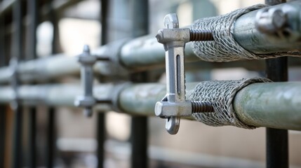 Scaffolding builder tightening metal clamps at a construction site. Featuring strength and safety