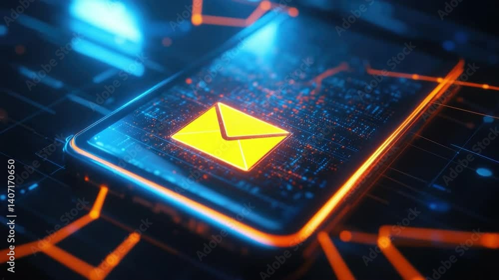 Poster modern digital email notification on smartphone with neon circuit design in futuristic background