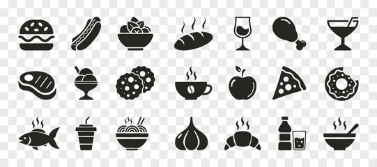 Food and drink icon set isolated on transparent PNG background