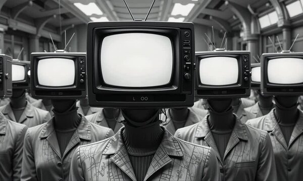 Old CRT televisions stacked in front of masked figures in grayscale hospital corridor. Concept of media control, manipulation and dystopia