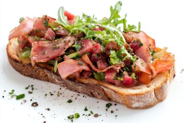 Slice of toast bread with ham and salad, isolated on white background