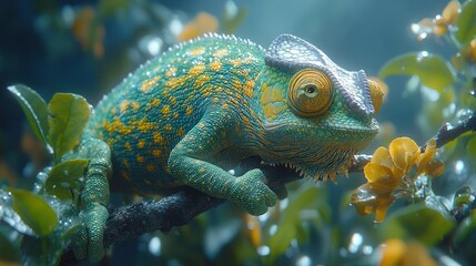 Chameleon closeup in aquarium setting