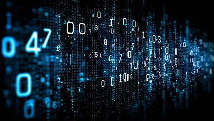 Digital Stream: Abstract visualization of digital data stream with glowing blue numbers and binary code on a dark background, symbolizing the flow of information in the digital age.