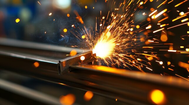 Steel fabricator welding metal frames in an industrial workshop. Featuring expertise and high heat