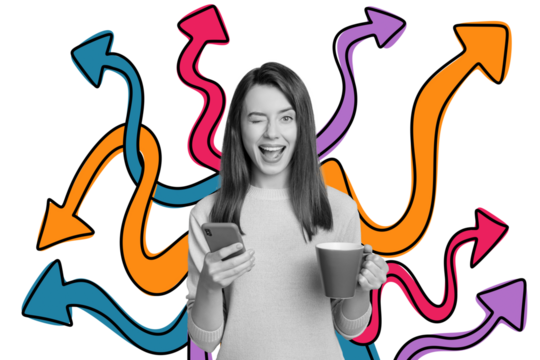 Composite photo collage of happy pretty girl wink hold iphone coffee cup pause arrow statistics achievement isolated on painted background