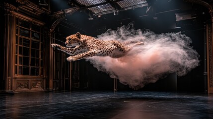 Obraz premium A cheetah leaps through a cloud of smoke on a stage.