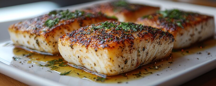 Close-up of perfectly cooked halibut fillets garnished with herbs and spices