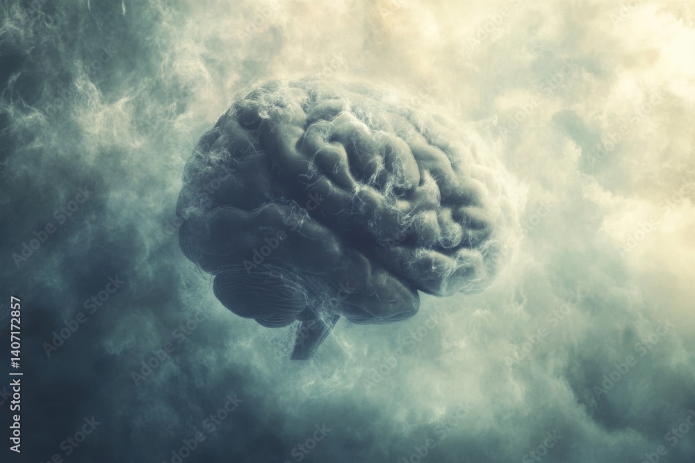 Poster conceptual image of a human brain floating in a cloudy atmosphere during twilight