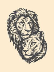 Lion and lioness portrait in bold black engraving tattoo style