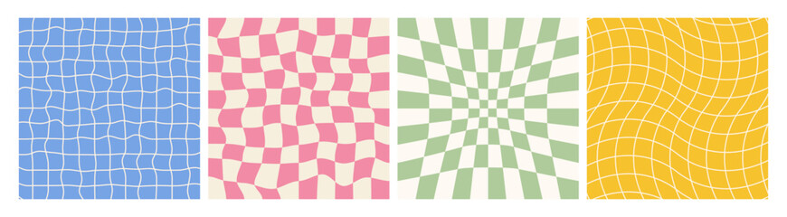 1970s Retro pattern groovy trippy. Groovy distorted checkered background for fabrics, paper, packaging, Tshirt, poster, card. Vector Illustration