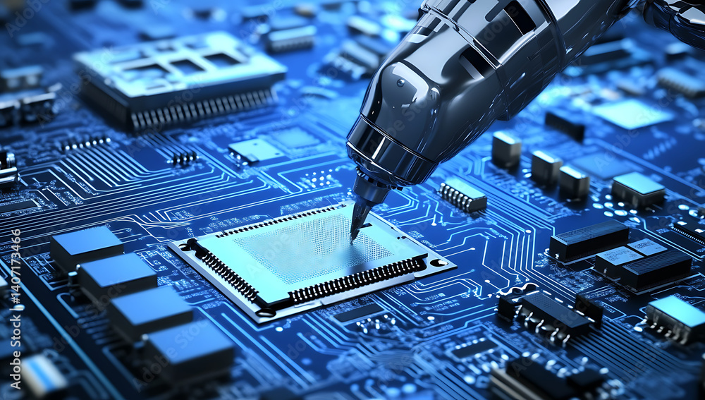 Poster close-up of robotic arm touching microchip on blue circuit board.