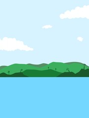 illustration of a bright lake surrounded by green grass. background design and graphic