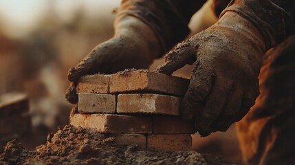 Bricklayer stacking bricks for a building. Featuring skill and precision