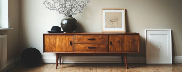 Mid-century modern wooden sideboard in a stylish retro interior setting