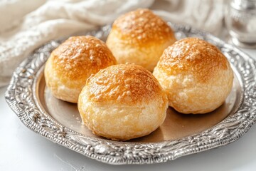 Four golden round pastries on a silver platter.