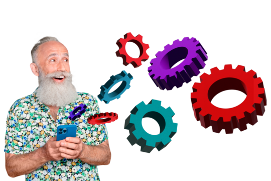 Composite photo collage of happy old man pensioner hold new iphone optimization gears settings technology isolated on painted background