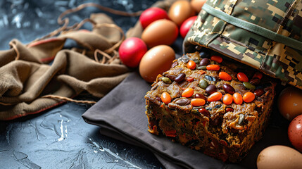 Painted eggs and Easter eggs lie in a military helmet