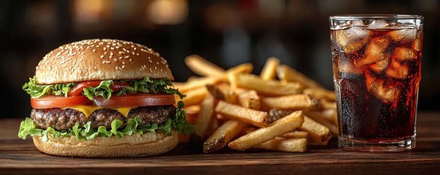 Classic American burger with fries and soda on a wooden table setting - Powered by Adobe