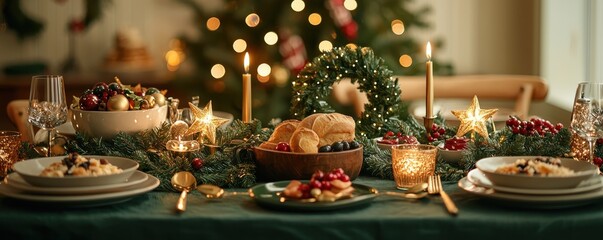Festive Scandinavian Christmas Dinner Table with Elegant Decorations and Candlelight