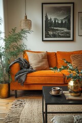 Stylish living room interior with terracotta sofa and cozy rustic decor