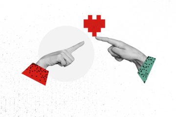 Composite photo collage of hands reach finger index touch heart love relationship feelings like couple date isolated on painted background
