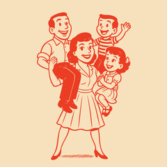 retro cartoon illustration of a strong and powerful mother lifting her whole family