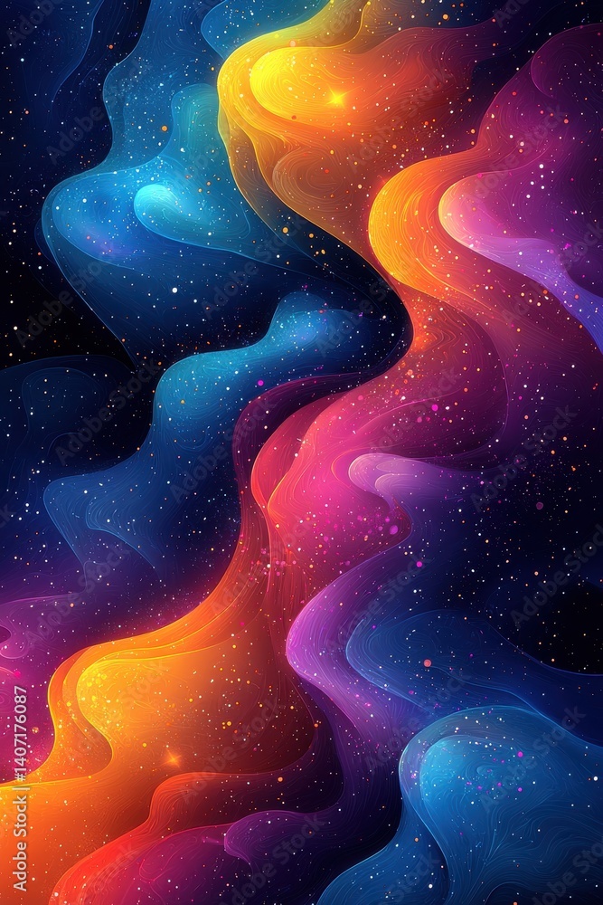 Poster colorful abstract artistic depiction of flowing patterns and cosmic elements