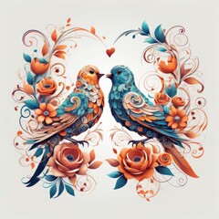 Fototapeta premium Two Artistic Birds in Love Nestled Among Orange Flowers and Swirling Vines