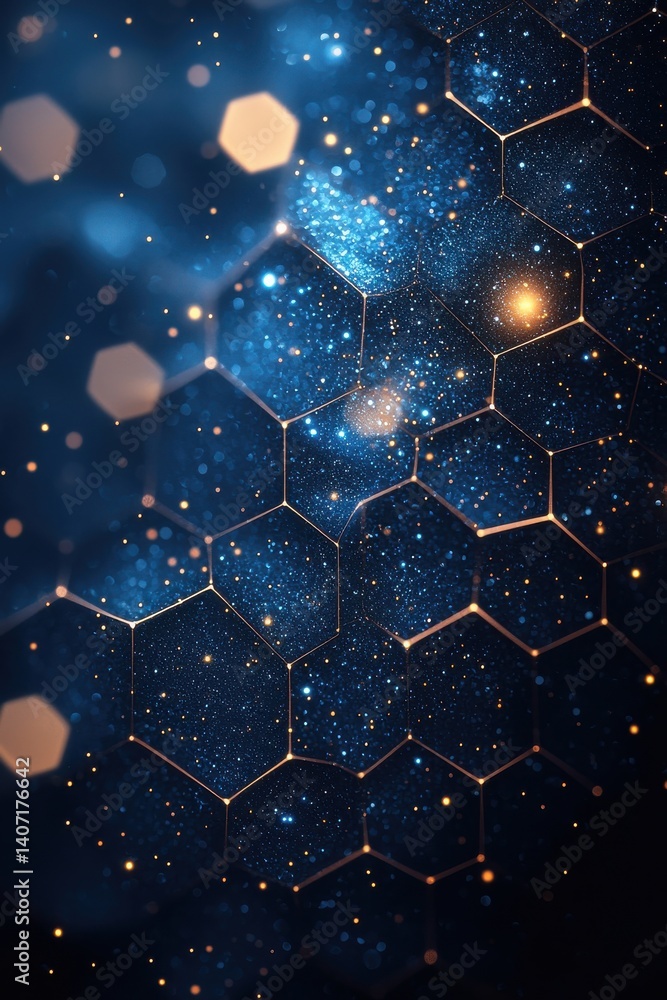 Poster geometric hexagonal pattern with sparkling blue and golden cosmic visuals