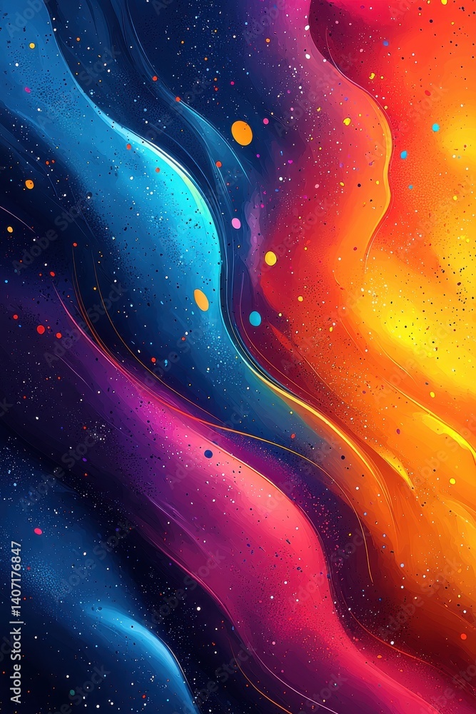Poster colorful abstract gradient with space-like particles and creative flowing patterns