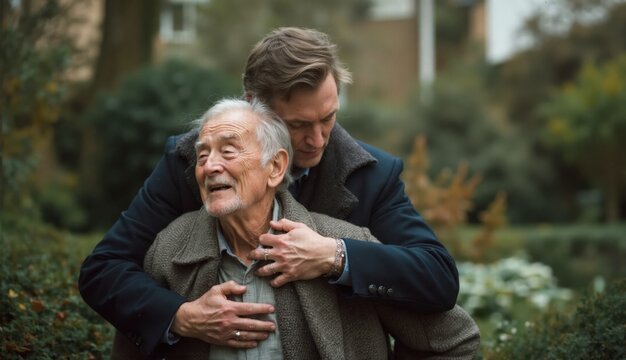 A happy elderly father smiles as his adult son gently embraces him from behind in a tender outdoor moment symbolizing love warmth and connection on Father’s Day