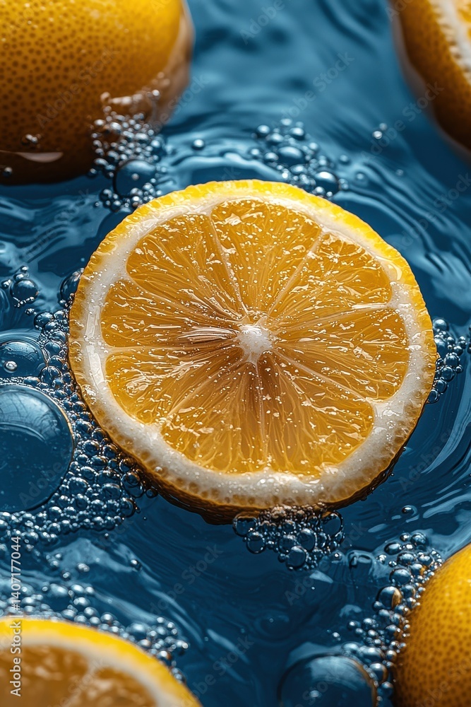 Poster fresh lemon slices floating in water with sparkling bubbles around them